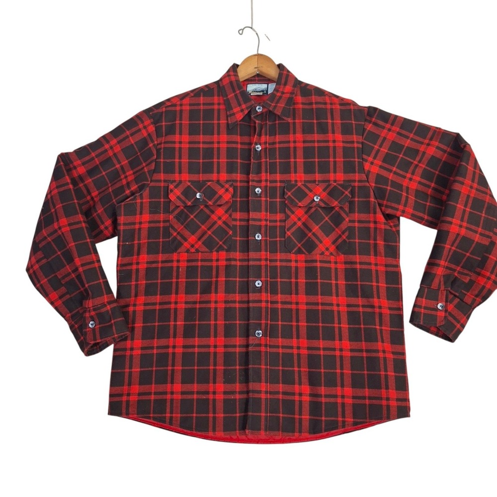 Vintage 70s Fieldmaster Flannel Shirt Jacket Large Red Black Plaid Quilted USA